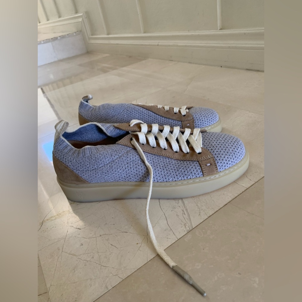 Eleventy Men's Knit Sock Sneakers in Light Blue and Beige Size 41